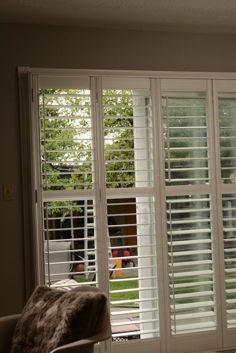 Blinds Sliding Doors, Blinds Alternative, Shutters For Sliding Glass Doors, Patio Door Shutters, Sliding Doors Patio, Blinds For Sliding Glass Doors, Black Out Blinds, Wood Patio Doors, Fabric Window Coverings