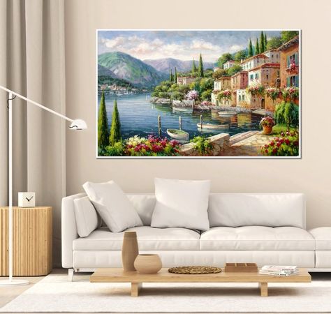 Big Scenery Painting, Painting Clouds Acrylic, Europe Scenery, Natural Scenery Painting, Acrylic Paint Easy, Artist Challenge, Varenna Italy, Clouds Acrylic, European Town