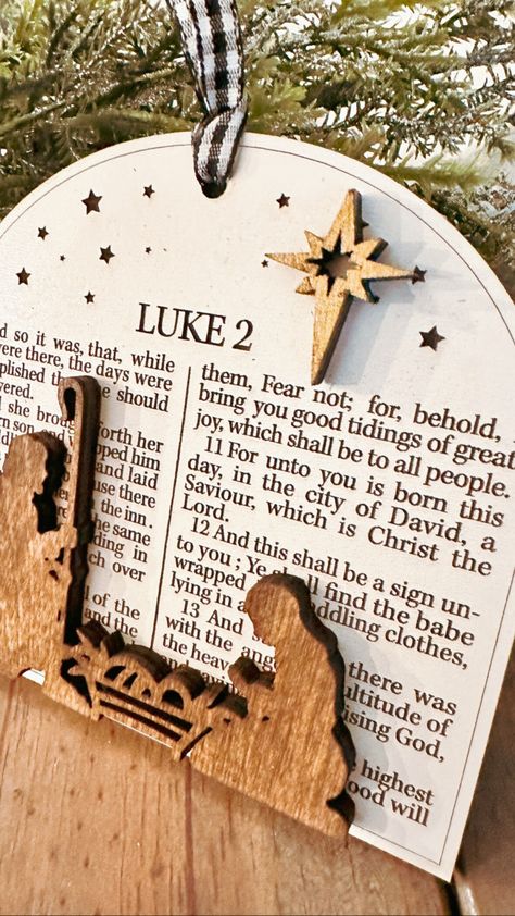 This Luke 2 Scripture Christmas Story Handcrafted Ornament is the perfect way to make your tree stand out this year! This one-of-a-kind ornament is handcrafted and features the famous Luke 2 scripture Christmas story. Brighten your holidays with this eye-catching reminder of the true meaning of Christmas! Jesus Decorations Christmas, Christmas Jesus Decoration, Jesus Christmas Crafts, Christian Christmas Ornaments, Scripture Christmas, 2024 Ornaments, Nativity Ideas, Christian Christmas Decorations, The Christmas Story