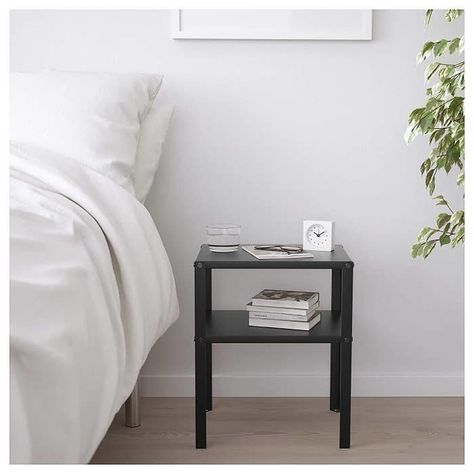 This super lowkey Ikea KNARREVIK bedside table with a second open shelf, so you have a separate space for your bedtime readings and gadgets – ₹1,399 Industrial Bed, Black Bedside, Shelf Nightstand, Black Bedside Table, Modern Bedside Table, Estantes Flotantes, Countertop Materials, Bedside Cabinet, Open Storage