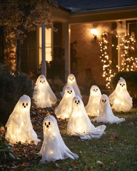 Lady secures plastic pumpkins on PVC pipes. Hands down, this is the best Halloween yard decor! Old Glass Bottles, Pumpkin Uses, Plastic Pumpkins, Pipe Decor, Black Construction Paper, Pvc Pipes, White Spray Paint, Flickering Lights, Halloween Yard Decorations