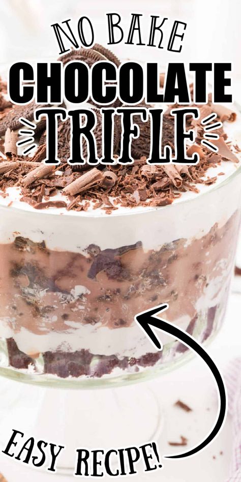 Chocolate trifle is an easy to make dessert that is perfect for the chocolate lover! Layers of chocolate cake, chocolate pudding, Oreo cookies and cool whip come together for the perfect chocolate dessert! Trifle Recipes Chocolate, Chocolate Trifle Recipe, Pudding Oreo, Chocolate Trifle Desserts, Trifle Bowl Recipes, Trifle Dessert Recipes, Chocolate Trifle, Trifle Bowl, Trifle Desserts