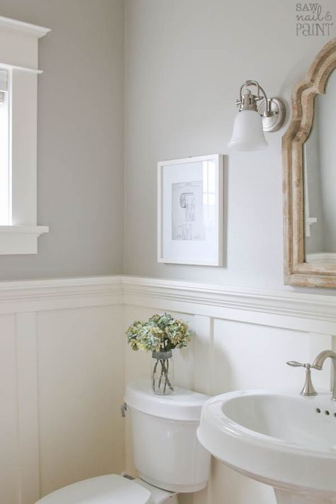 A pretty and fresh whole home paint color scheme using warm neutrals and calming blues. See photos of the paint colors used in actual rooms. Home Paint Color, White Wainscoting, Home Paint, Paint Color Schemes, Bathroom Paint Colors, Decor Baie, Room Paint Colors, Bedroom Paint Colors, Interior Paint Colors