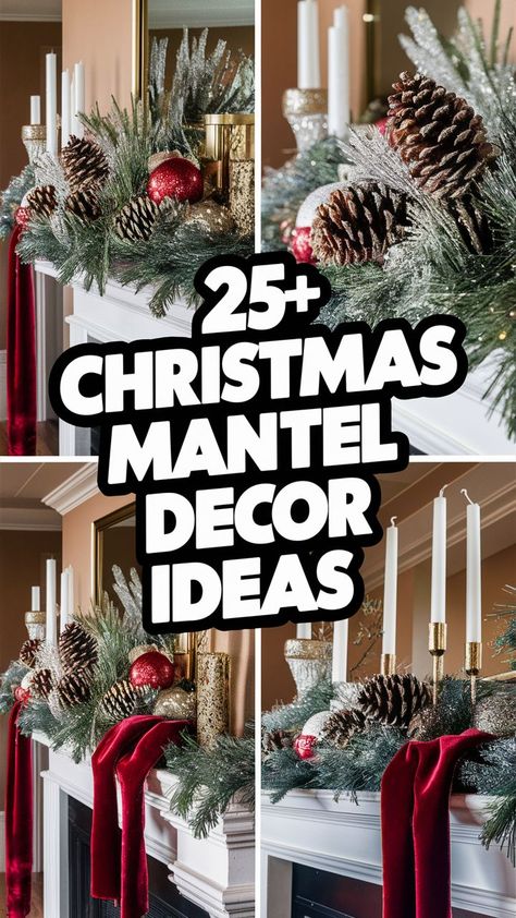 25+ Christmas Mantel Decor Ideas to Spark Your Creativity Elegant Christmas Mantels, How To Decorate With Garland, Decorating With Garland For Christmas, Simple Christmas Mantle Decor, Fireplace Christmas Decor Ideas, Christmas Mantels Rustic, Garland On Mantle, Fancy Candle Holders, How To Hang Garland On Mantel