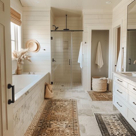 30 Modern Farmhouse bathroom ideas that Inspire You to Redesign Custom Home Master Bath, Primary Bath Shower Ideas, Master Bath Remodel Ideas Farmhouse, Open Floor Plan Bathroom Master Suite, Cottage Master Bath Ideas, Master Tub Ideas, Beige Farmhouse Bathroom, Luxury Master Bath Design Ideas, Large Bathroom Ideas Master Suite