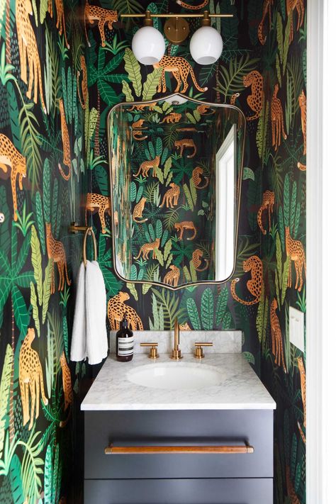 A Joyful, Eclectic Home in Hoboken, NJ | Rue Wallpaper Powder Room, Bold Bedroom, San Myshuno, Wallpaper Bathroom, Tiger Wallpaper, Dining Room Wallpaper, Downstairs Toilet, Animal Print Wallpaper, Wallpaper Trends