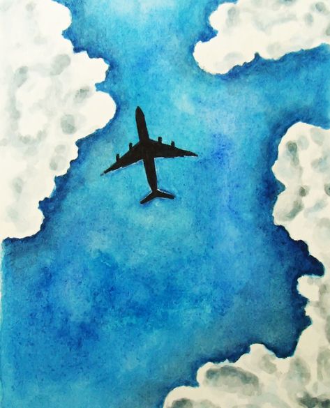 Watercolor sky Clouds Plane Plane In Sky Painting, Painting Ideas On Canvas Airplane, Plane Watercolor Painting, Plane Painting Easy, Airplane Watercolor Painting, Air Plane Painting, Plane Painting Canvas Airplane Art, Airplane Painting Easy, Scenery Watercolor Paintings