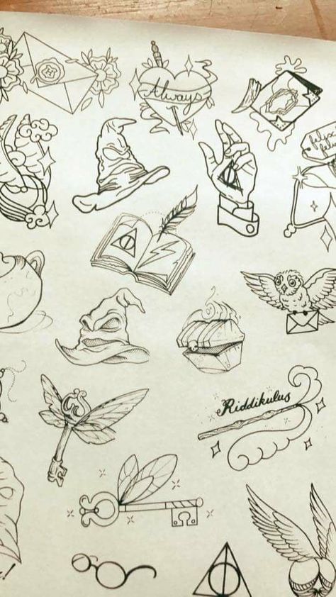 Harry potter tattoos Harry Potter Icons Aesthetic Symbols, Harry Potter Flash Tattoo Sheet, Threstals Harry Potter Art, Winged Keys Harry Potter Tattoo, Fantastic Beasts Tattoos, Harry Potter Designs Drawings, Harry Potter Flash Art, Dumbledore Tattoo Ideas, Harry Potter Tattoo Drawings