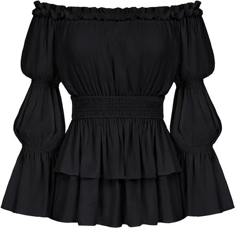 Amazon.com: Renaissance Shirt for Women Plus Size Long Sleeve Goth Victorian Tops Black 3XL : Clothing, Shoes & Jewelry Virago Sleeve, Victorian Peasant, Chiffon Tops Blouses, Peasant Shirt, Trumpet Sleeve, Puff Long Sleeves, Women Sleeve, Fashion Lookbook, Peasant Tops