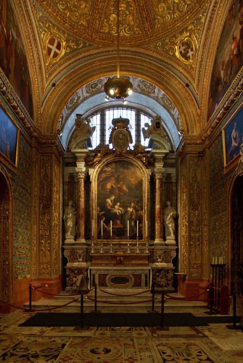 Saint John’s cathedral,  Valletta, Malta.  The Italian Chapel, dedicated to Saint Catherine of Alexandria.  The chapel represents a fine example of Baroque harmony where architecture, paintings and sculpture blend together. Italian Chapel, Architecture Paintings, Saint Catherine Of Alexandria, Catherine Of Alexandria, Saint Catherine, Valletta Malta, St Catherine, Baroque Architecture, Saint John