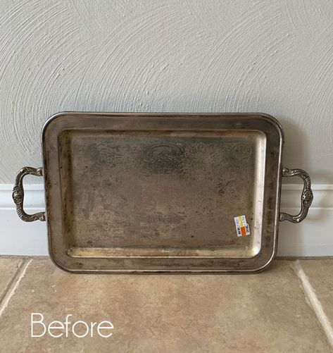 Old Silver Trays Ideas, How To Make Trays Diy Projects, What To Do With Silver Plated Trays, Repurposed Silver Trays, Painting Silver Plated Items Diy, Silver Tray Makeover, Silver Tray Repurpose, Metal Tray Makeover, Metal Tray Decor Ideas