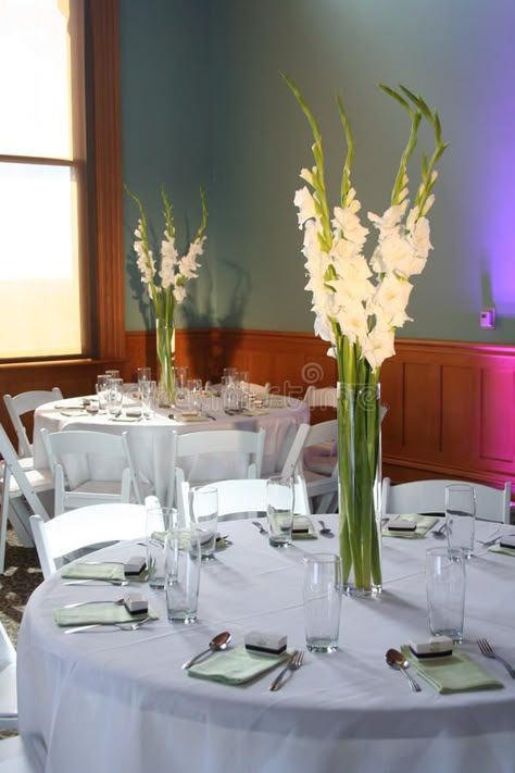 Baby Table Decorations, Gladiolus Centerpiece, Gladiolus Wedding, Gladiolus Arrangements, Tall Vase Arrangements, Reception Table Ideas, School Reception, Home Flower Arrangements, Baby Table