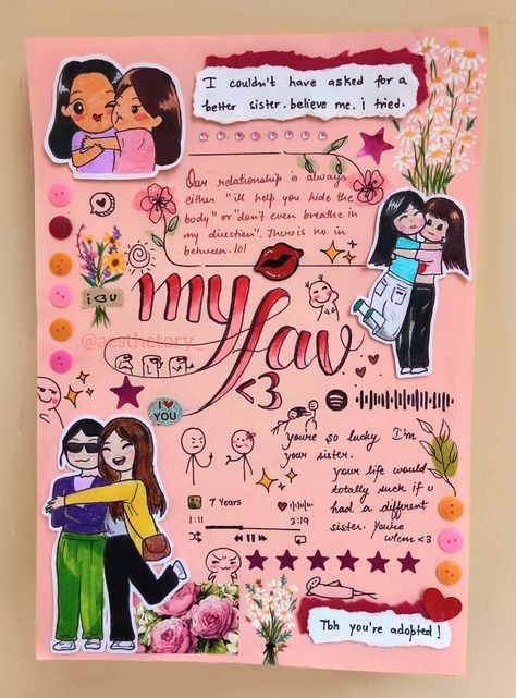 Drawing Ideas For Friends Birthday, Aesthetic Gift For Sister, Aesthetic Gifts For Sister, Sisters Journal Ideas, Sister Bday Card Ideas, Bday Gift For Sister Ideas, Quotes Aesthetic For Sisters, Sisters Scrapbook Pages Ideas, Bestie Card Ideas Aesthetic