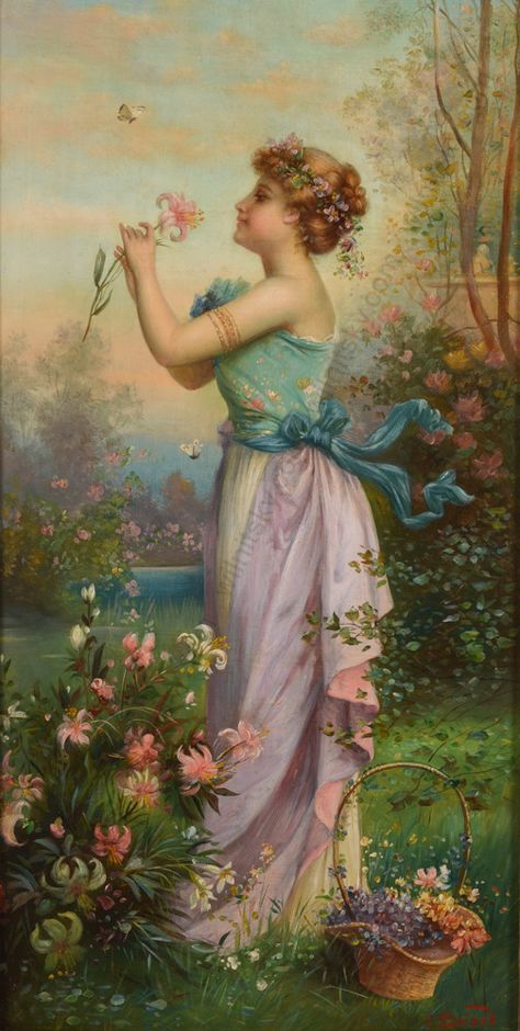 Hans Zatzka, Sculpture Textile, Victorian Paintings, Female Art Painting, Holding Flowers, Victorian Art, Historical Art, Realistic Art, Romantic Art