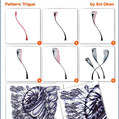 Trigue Tangle Trigue is one of those weed-looking tangles that can be used over anything. I really like drawing it, it has a fun lit... Eni Oken, Zentangle Flowers, Zen Doodle Patterns, Zentangle Tutorial, Draw Flowers, Tangle Pattern, Tangle Doodle, Zen Doodle Art, Zentangle Designs