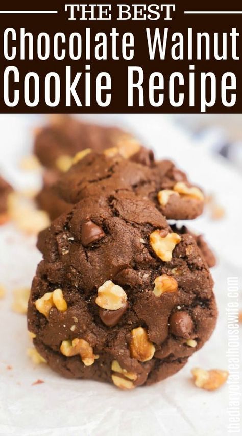 These Chocolate Walnut Cookies are so good. The perfect cookie recipe. #dessert #cookies #easyrecipe Chocolate Walnut Cookies, Walnut Cookie Recipes, Cookie Brownies, Salted Caramel Pretzels, Quick Cookies Recipes, Chocolate Chip Shortbread Cookies, Quick Cookies, Salted Caramel Mocha, Dessert Cookies