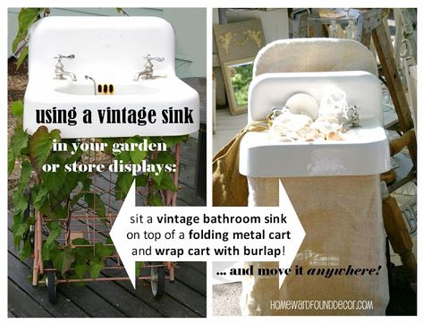 easy-peasy project: plop a vintage sink onto a metal shopping cart, and you've got a garden planter or store display that's easy to move around! click for link to my diy blog post with a lot more ideas! Vintage Bathroom Sink, Container Planting Ideas, Vintage Garden Ideas, Vintage Metal Cabinet, Diy Fall Wreaths, Outdoor Planter Ideas, Vintage Sink, Metal Cart, Old Sink