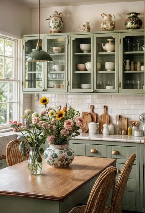 Cottage Kitchen Ideas, Cozy Cottage Kitchen, Cottage Kitchens, Cozy Kitchen, Stylish Kitchen, Cottage Kitchen, Green Kitchen, Kitchen Makeover, Cozy Cottage