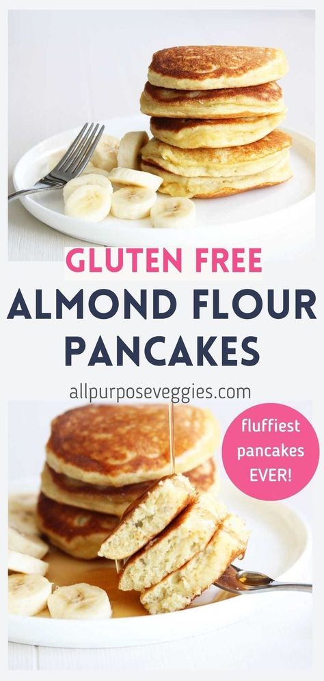 There are so many reasons to love these homemade gluten free almond flour pancakes. They’re quick, easy and healthy – perfect for a weekend brunch. In addition to the almond flour, the added mashed bananas help these pancakes soft and extra fluffy. You can even keep these sugar free by using ripened bananas. * recipe makes enough pancakes for one or 2 * #healthypancakes #glutenfreepancakes #almondflourpancakes Almond Flour Banana Pancakes, Pancakes Simple, Pancakes With Banana, Sweet Potato Pancakes Recipe, Recipe Pancakes, Gluten Free Banana Pancakes, Almond Flour Pancakes, Gluten Free Sweet Potato, Pancake Calories