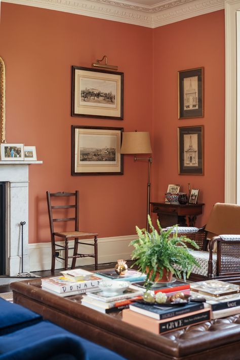 coffee table with stacks of books, dark wooden vintage chairs, gallery walls. Georgian Farmhouse, Red Living Room, Sofa Workshop, Red Living, Blue Velvet Sofa, Louise Roe, Living Room Red, Interiors Magazine, Room Paint Colors