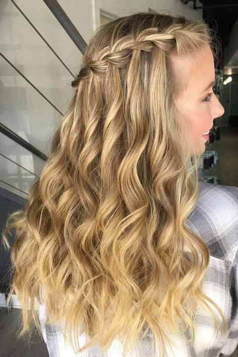 Curl And Braid Hairstyles, Waterfall Braid Prom Hairstyle, Bridesmaid Hairstyles Waterfall Braid, Curls With Braids Hairstyles Short Hair, Half Up Half Down Hair Waterfall Braid, Prom Hair Waterfall Braid, Waterfall Dutch Braid, Waterfall Braid Crown, Waterfall Braid With Curly Hair