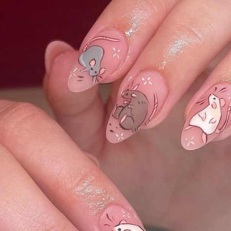 Animal Design Nails, Pink Gel X Nail Designs, Pikmin Nails, Nails With Animals, Ratatouille Nails, Short Cat Nails, Raccoon Nails, Cute Animal Nails, Dog Nails Design