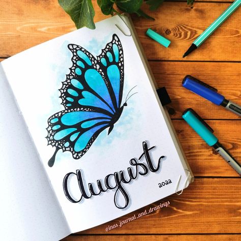 Butterfly Bullet Journal, August Cover Page, August Bullet Journal Cover, Journal Cover Page, Bullet Journal Cover, Journal Lettering, Bullet Journal Cover Page, Bond Paper Design, Journal Books