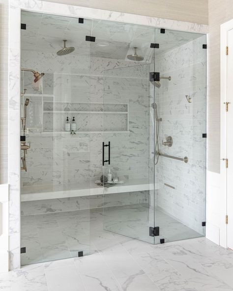 Kimberly Parker Design on Instagram: “Love a smooth transition on the floor with a curbless steam shower. Walk right in and have a seat on that oversized bench so you can stay…” Master Bath Shower, Tv In Bathroom, Master Shower, Steam Shower, Steam Showers Bathroom, Shower Bench, Master Bath Remodel, Bathroom Remodel Designs, Bathroom Remodel Shower