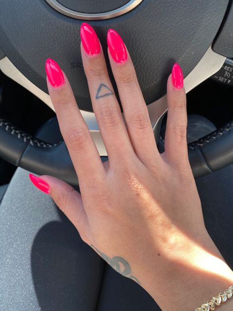 Neon pink nails; almond shaped; summer nails Nail Colors Almond Shape, Red Hot Pink Nails, Neon Pink Nails Almond Shape, Summer Acrylic Nails Almond Pink, Fuschia Almond Nails, Neon Nails For Summer, Neon Almond Nails Designs, Bright Nails Almond, Almond Neon Nails