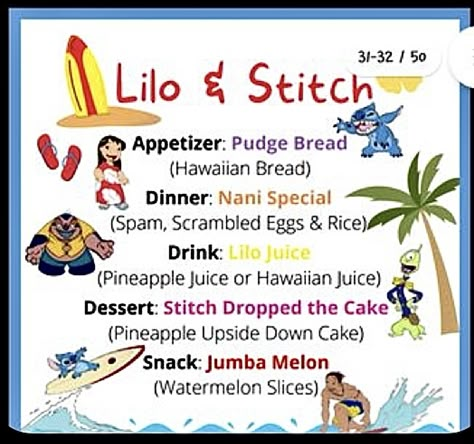 Stitch Day 626 Food, 626 Day Stitch Ideas, Lion King Movie Night Dinner, Stitch Dinner And A Movie, Lilo And Stitch Food Recipes, Lilo And Stitch Movie Night Food, Lilo And Stitch Dinner And A Movie, Disney Food Movie Night, Disney Movie Snacks