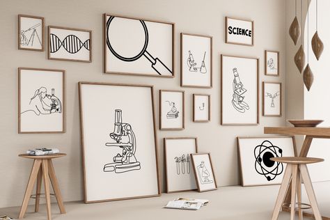 Science Gallery Set 15 Drawing, Chemistry Office Decoration, Minimalist Line Art Print, Microscope Poster, Laboratory Digital File Biology Science Boys Room, Drawing Chemistry, Biology Classroom Decorations, Microscope Poster, Science Bedroom Decor, Science Bedroom, Science Gallery, Space Lab, Science Room