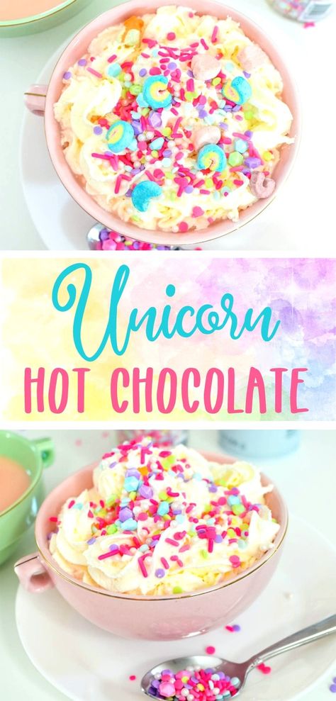 unicorn hot chocolate Powder Hot Chocolate Recipe, Bulk Hot Chocolate, Baileys Hot Chocolate Recipe, Cocoa Powder Hot Chocolate, Funfetti Party, Unicorn Hot Chocolate Recipe, Baileys Hot Chocolate, Crock Pot Hot Chocolate Recipe, Pink Hot Chocolate