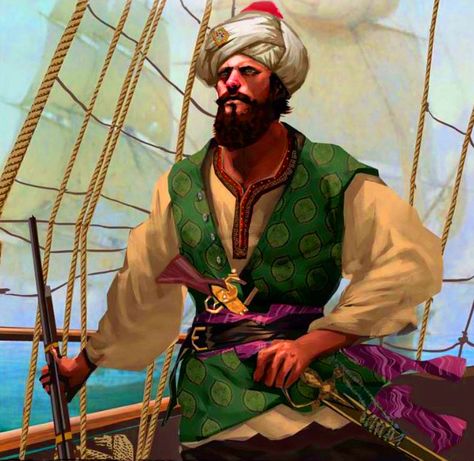 Ottoman pirate admiral Hayreddin Barbarossa Warhammer Araby, Hayreddin Barbarossa, Gunpowder Empires, Barbary Pirates, Turkey History, Barbary Coast, Golden Age Of Piracy, Pirate Art, Historical People