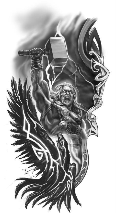 Tattoo Drawings For Men Arm, Odin Tattoo Design, Thor Hammer Tattoo, Tato Geisha, Viking Tattoos For Men, Odin Tattoo, Thor Tattoo, Traditional Viking Tattoos, Tato Maori