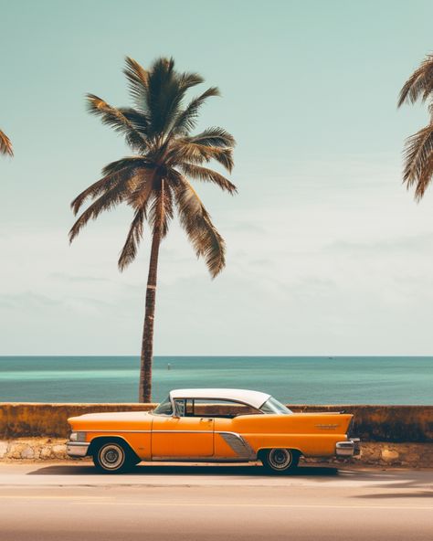 Vintage Photo of Cadillac Coupe de Ville #photo #vintage #cadillac #cadillac #beach #cuba #1960s #1970s #palmtrees #drive Vintage Car Driving Aesthetic, California Beach Aesthetic Vintage, 1950s Beach Aesthetic, 70s Miami Aesthetic, Beach Vintage Aesthetic, Cadillac Aesthetic, 60s Beach Aesthetic, Vintage Hollywood Aesthetic, Retro Beach Aesthetic