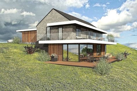 House On Uneven Land, Slope Design Architecture, House Built Into Hillside, Slope House Design, House On Slope, Sloping Lot House Plan, Mountain Home Exterior, Slope House, A Modern House