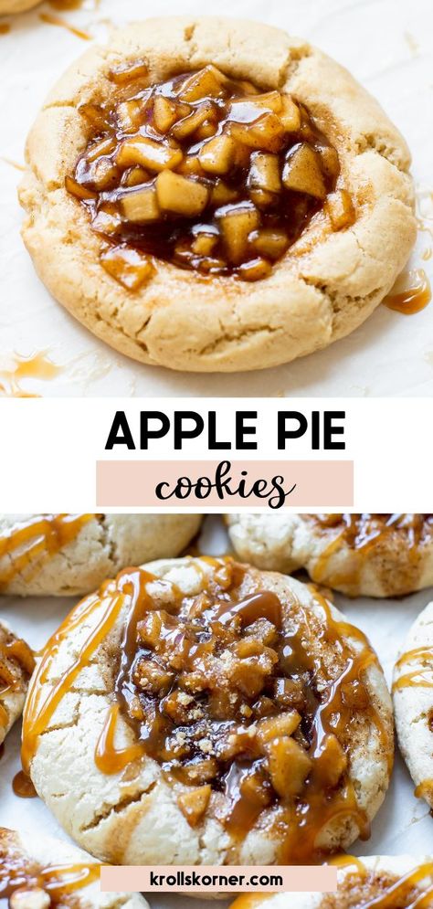 a sugar cookie with apple pie filling in the center Apple Pie Cookie Recipe, Apple Cookies Recipes, Cookie Factory, Crumble Cookie Recipe, Apple Pie Cookies, Apple Crumble Pie, Apple Cookies, Roll Cookies, Gourmet Cookies