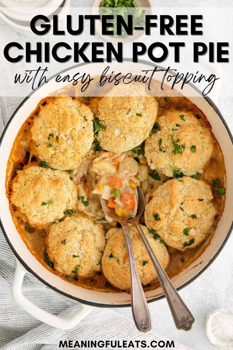 A white ceramic pot holding chicken pot pie with shredded chicken, peas, carrots, creamy sauce, and a fluffy biscuit topping. Gluten Free Pot Pie, Gluten Free Chicken Pot Pie, Biscuit Chicken Pot Pie, Meaningful Eats, Chicken Pot Pie Filling, Chicken Pot Pie Recipe, Pot Pie Filling, Pot Pie Soup, Pot Pie Recipe