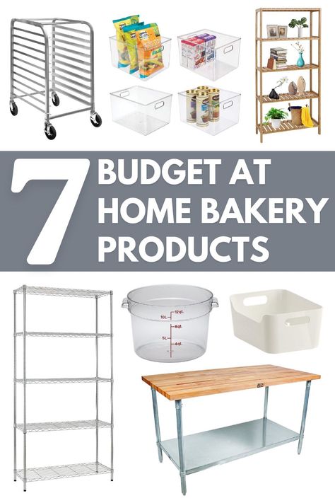 If you're starting an at home bakery business then check out this supply list to get your business open fast! This list has the tools and products to help organize and design your kitchen workspace, plan how to stock your supplies, and give you ideas for how you can layout your own kitchen. Get tips from an experienced cottage bakery who has found a way to make money while being at home. Visit AlchemyBread.com for design inspiration, how to DIY opening your own business, even lessons on baking! What Do You Need To Open A Bakery, Home Bakery Workspace, Small Bakery Kitchen Ideas, Garage Bakery Ideas, Kitchen Bakery Ideas, Home Bakery Decor, Bakery Studio Ideas, Organize Home Bakery, Home Based Bakery Kitchen