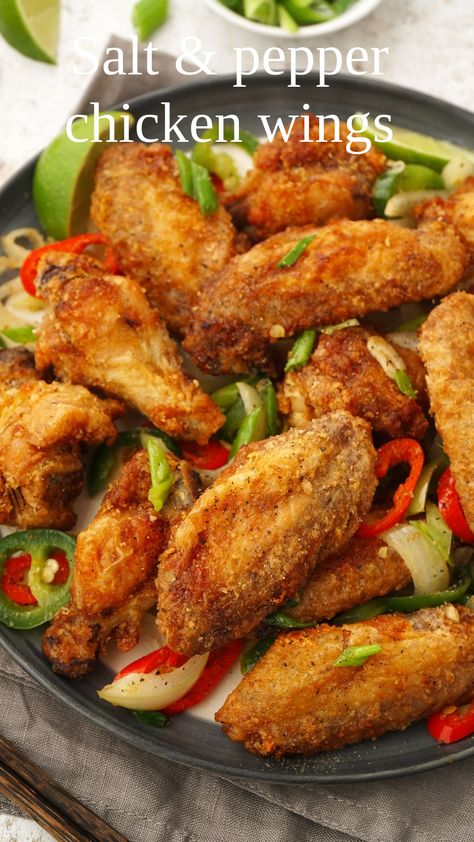 Salt And Pepper Wings Recipe, Chinese Salt And Pepper Chicken, Chinese Fried Chicken Wings, Party Finger Food Ideas, Salt And Pepper Chicken Wings, Marinated Wings, Chinese Chicken Wings, Party Finger Food, Pepper Chicken Wings