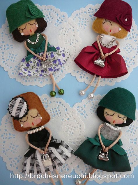 Bros Flanel, Doll Brooch, Felt Jewelry, Felt Brooch, Felt Diy, Felt Dolls, Doll Crafts, Felt Fabric, Felt Art