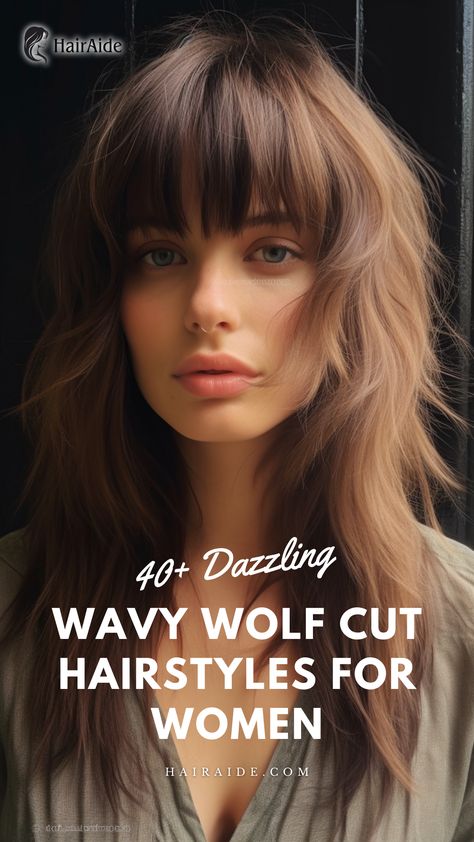 Wavy Wolf Cut With Bangs Wolf Haircut Medium Length Wavy, Wolf Shaggy Haircut, Wolf Mullet Haircut Long, Bangs And Shaggy Hair, Shaggy Bangs Wavy Hair, Shag Hairstyles Medium Long, 2024 Shag Hairstyles, How To Style Shaggy Bangs, Long Choppy Layers With Bangs