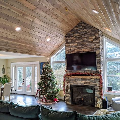 Beach House Vaulted Ceiling, Wood Plank Cathedral Ceiling, Wood Ceiling Vaulted Living Room, Wood Ceilings Living Room Vaulted, Transition From Vaulted To Flat Ceiling, Vaulted Ceiling Wood Planks, Ranch House With Vaulted Ceilings, Stained Vaulted Ceiling, Vaulted Cedar Ceiling Living Room