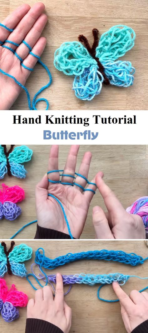 Free knitting pattern. A complete hand knitting tutorial that teaches us how to make a butterfly. Finger Knit Scarf, Finger Knitting Projects, Finger Crochet, Crochet Butterfly Pattern, Butterfly Tutorial, Easy Patterns, French Knitting, Simple Butterfly, Crochet Cozy