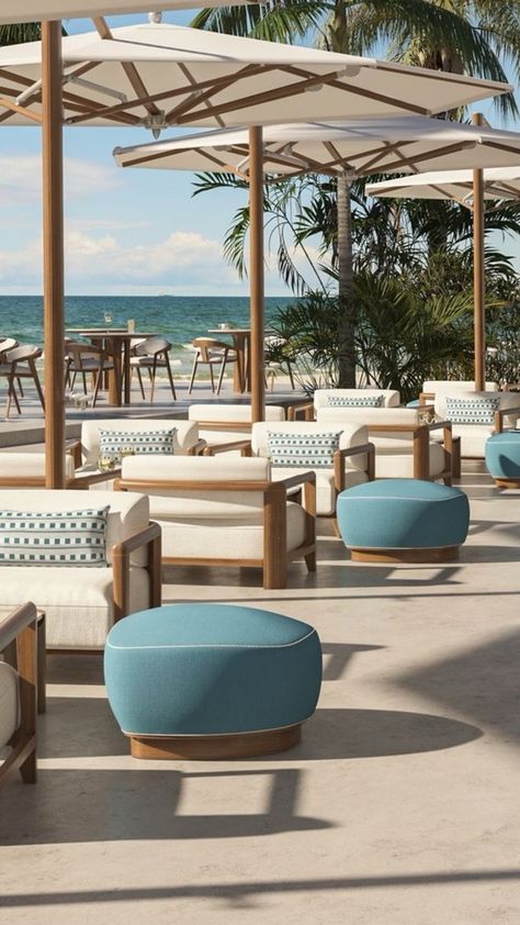 Beach Furniture Design, Coco Wolf Outdoor Furniture, Outdoor Beach Furniture, Pool Deck Seating, Outdoor Terrace Ideas, Four Seasons Maui, Resort Furniture, Contemporary Villa, 1 Hotel