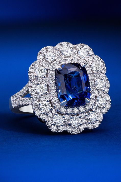 A floral halo of pristine detail. Detailed adornments of Vanilla Diamonds. A four carat center stone of Blueberry Sapphire. Pure Le Vian Platinum. A one-of-a-kind treasure. 💍 #ring #diamonds #sapphire #carats #couture Le Vian Jewelry, Levian Jewelry, Fancy Sapphire, Golden Rings, Diamond Earrings For Women, Sparkling Jewelry, Bvlgari Jewelry, Floral Halo, Colored Stone Rings