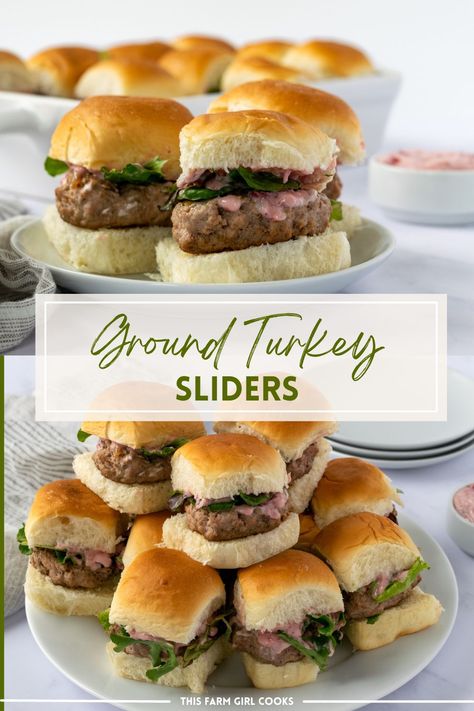 Juicy and delicious, Ground Turkey Sliders are an easy dinner option. Lean ground turkey is formed into mini patties and cooked up in minutes in a skillet. Top with a little bit of cranberry mayo and your choice of toppings for a handheld eat! #turkey #groundturkey #slidersrecipe Ground Turkey Sliders Recipes, Mini Turkey Burgers Sliders, Ground Turkey Sliders, Healthy Broccoli Slaw, Farm Meals, Cranberry Mayo, Mini Burger Buns, Sliders Recipes Turkey, Sausage Sliders