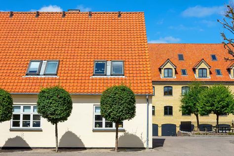 Orange Roof House Colors, House Paint Exterior Colour Schemes, Spanish Style Exterior, Orange Roof, Brown Front Doors, Green House Exterior, Roof Shingle Colors, Metal Roof Houses, Warm Paint Colors