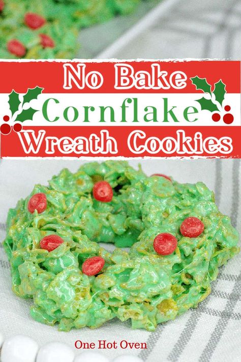 Cornflake cookie wreaths on a plaid towel. Cornflake Wreaths, Cinnamon Candies, No Bake Christmas, Christmas Wreath Cookies, Marshmallow Cereal, Cornflake Cookies, Cereal Mix, Christmas Popcorn, Christmas Dessert Table