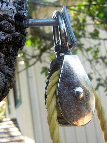 Pulley for the kids tree house - gotta have this with a bucket for sending up snacks. :) Tree House Accessories, Kids Tree House, Tree Forts, Fort Ideas, Tree House Ideas, Kids Tree, Treehouse Ideas, Kids Forts, Playhouse Ideas